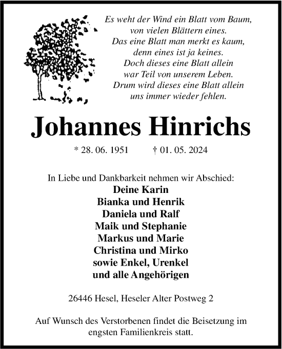 Traueranzeige von Johannes Hinrichs von WZ/JW/AH