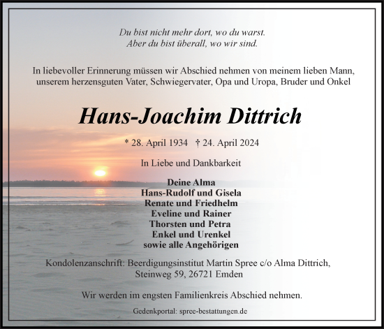 Traueranzeige von Hans-Joachim Dittrich von Emder Zeitung