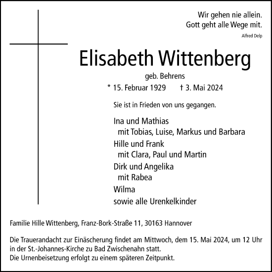 Traueranzeige von Elisabeth Wittenberg von Nordwest-Zeitung