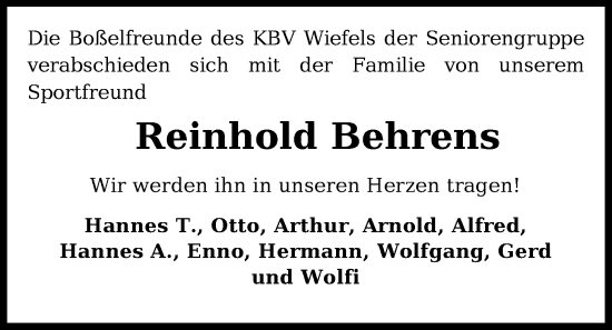 Traueranzeige von Reinhold Behrens von WZ/JW/AH