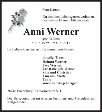 Traueranzeige von Anni Werner von Rhein-Zeitung